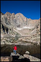 Hiker standing near Chasm Lake, looking at Longs peak. Rocky Mountain National Park, Colorado, USA.