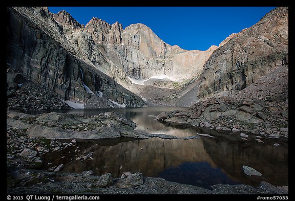 Longs Peak cirque and Chasm Lake, morning. Rocky Mountain National Park, Colorado, USA.