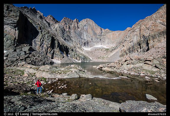 Park visitor Looking, Chasm Lake. Rocky Mountain National Park, Colorado, USA.