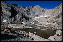 Park visitor Looking, Chasm Lake and Longs Peak. Rocky Mountain National Park, Colorado, USA.