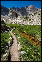 Trail, stream, and Longs Peak. Rocky Mountain National Park, Colorado, USA.