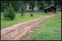 Path and historic cabin at Never Summer Ranch. Rocky Mountain National Park, Colorado, USA.