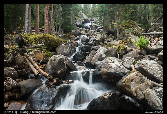 Stream flowing over boulders at Calypo Cascades. Rocky Mountain National Park (color)