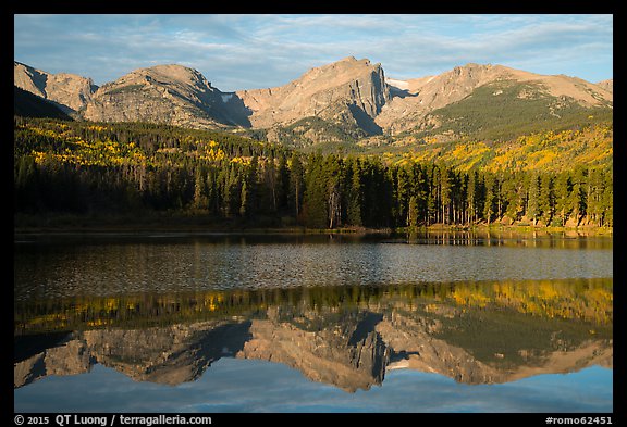 Otis Peak, Hallet Peak, and Flattop Mountain reflected in Sprague Lake. Rocky Mountain National Park, Colorado, USA.