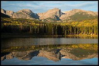 Otis Peak, Hallet Peak, and Flattop Mountain reflected in Sprague Lake. Rocky Mountain National Park, Colorado, USA.