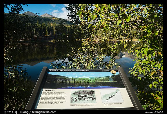 Sprague Lake and Continental Divide interpretive sign. Rocky Mountain National Park, Colorado, USA.