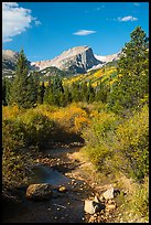 Creek and Hallet Peak in autumn. Rocky Mountain National Park, Colorado, USA.