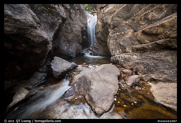 Waterfall in narrow gorge. Rocky Mountain National Park, Colorado, USA.