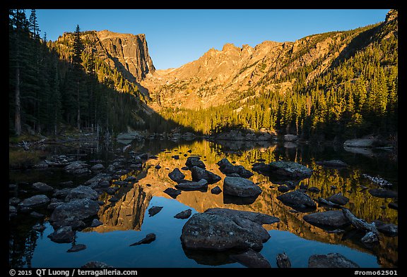 Hallet Peak and Flattop Mountain reflected in Dream Lake. Rocky Mountain National Park (color)