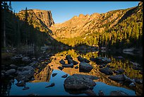 Hallet Peak and Flattop Mountain reflected in Dream Lake. Rocky Mountain National Park, Colorado, USA.