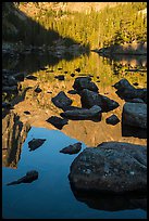 Boulders and reflections in Dream Lake. Rocky Mountain National Park, Colorado, USA.