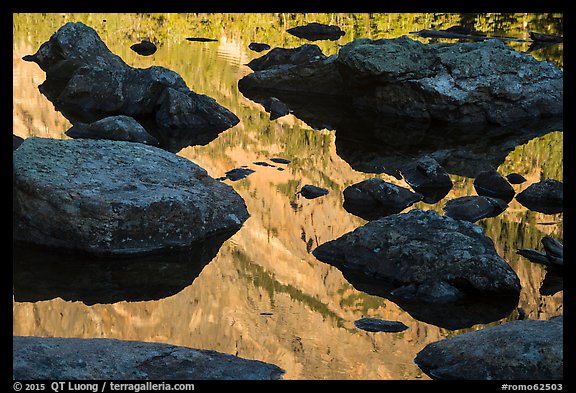 Mountain reflections and boulders, Dream Lake. Rocky Mountain National Park (color)