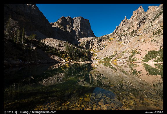 Granite walls climb straight out of Emerald Lake. Rocky Mountain National Park, Colorado, USA.