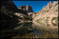 Granite walls climb straight out of Emerald Lake. Rocky Mountain National Park, Colorado, USA.