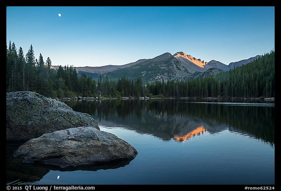 Bear Lake, Longs Peak, boulder and moon. Rocky Mountain National Park, Colorado, USA.