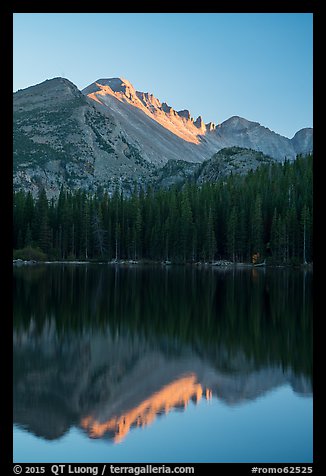 Longs Peak and reflection in Bear Lake at sunset. Rocky Mountain National Park, Colorado, USA.