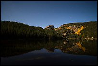 Hallet Peak reflected in Bear Lake at night. Rocky Mountain National Park, Colorado, USA.