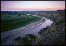 Bend of the Little Missouri River, dusk. Theodore Roosevelt National Park, North Dakota, USA.