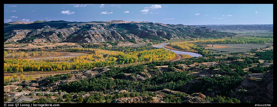 Wide valley with river and aspens in autumn color. Theodore Roosevelt National Park (color)