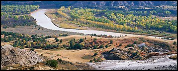 River, badlands, and aspens in the fall. Theodore Roosevelt National Park (Panoramic color)