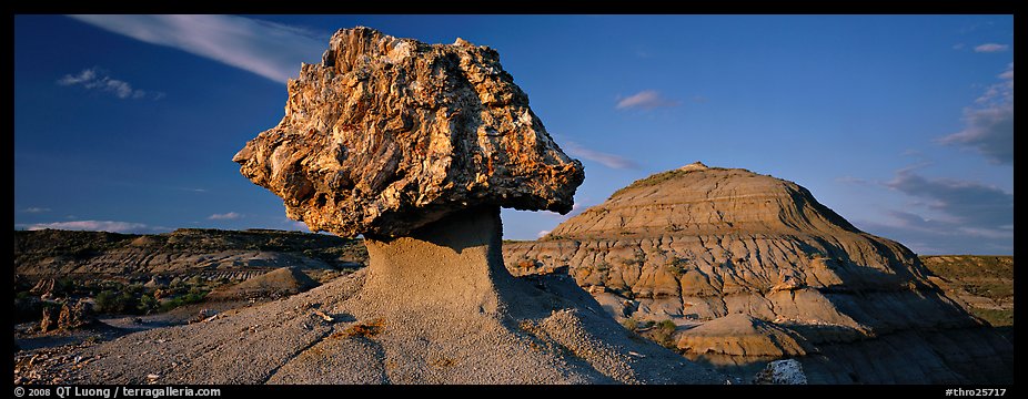 Badlands scenery with pedestal petrified log. Theodore Roosevelt  National Park (color)