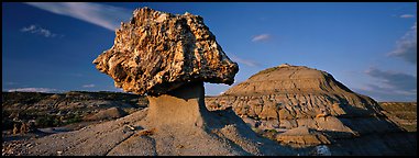 Badlands scenery with pedestal petrified log. Theodore Roosevelt National Park (Panoramic color)