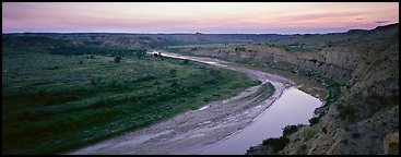 Scenic view of riverbend at sunset. Theodore Roosevelt National Park (Panoramic color)