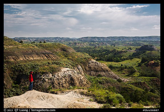 Park visitor looking, North Dakota Badlands Overlook. Theodore Roosevelt National Park (color)