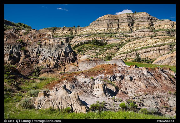 Multicolored layered badlands landscape, North Unit. Theodore Roosevelt National Park, North Dakota, USA.