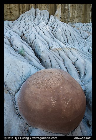 Spherical cannonball concretion in badlands. Theodore Roosevelt National Park, North Dakota, USA.