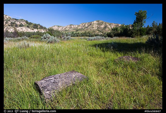 Roosevelt Elkhorn Ranch site with foundation stone. Theodore Roosevelt National Park (color)
