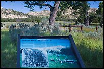 Roosevelt Elkhorn Ranch site interpretative sign. Theodore Roosevelt National Park, North Dakota, USA. (color)