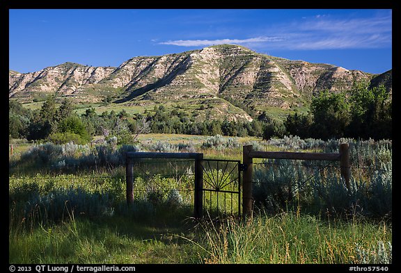 Fence around ranch house site, Elkhorn Ranch Unit. Theodore Roosevelt National Park, North Dakota, USA.