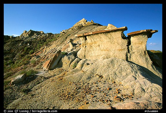 Erosion formations with caprocks, South Unit. Theodore Roosevelt  National Park, North Dakota, USA.