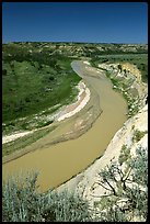 Bend of the Little Missouri River, mid-day. Theodore Roosevelt National Park, North Dakota, USA.