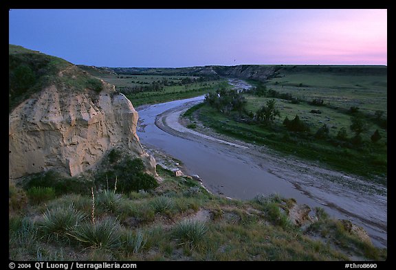 Wind Canyon and Little Missouri River, dusk. Theodore Roosevelt National Park, North Dakota, USA.