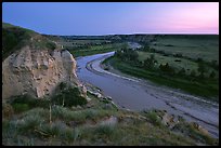 Wind Canyon and Little Missouri River, dusk. Theodore Roosevelt National Park, North Dakota, USA.