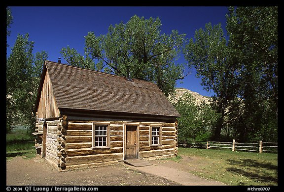 Roosevelt's Maltese Cross Cabin, afternoon. Theodore Roosevelt National Park, North Dakota, USA.