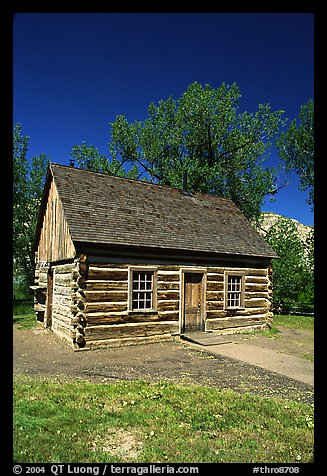 Roosevelt's Maltese Cross Cabin, afternoon. Theodore Roosevelt National Park, North Dakota, USA.