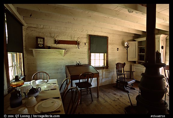 Dining room of Theodore Roosevelt's Maltese Cross Cabin. Theodore Roosevelt National Park, North Dakota, USA.