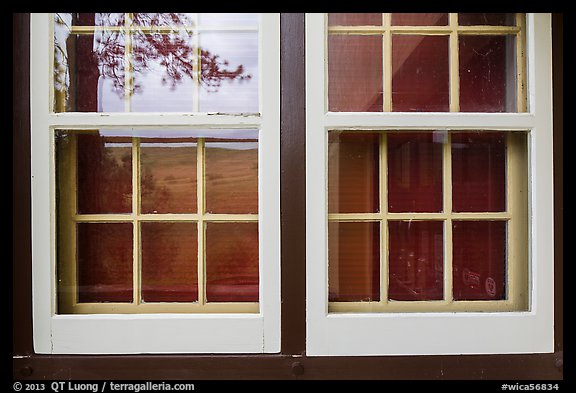 Pine, hill, building, Visitor center window reflexion. Wind Cave National Park (color)