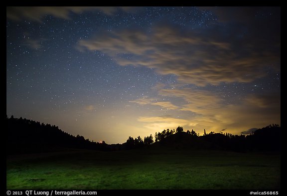 Prairie, pine trees on rolling hills at night. Wind Cave National Park, South Dakota, USA.