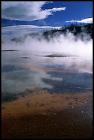 Great prismatic springs, thermal steam, and hill,  Midway geyser basin. Yellowstone National Park, Wyoming, USA. (color)