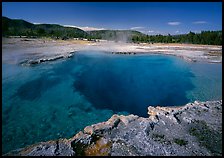 Blue clear waters in Sapphire Pool. Yellowstone National Park, Wyoming, USA.