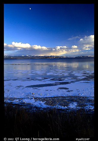 Yellowstone Lake with frozen shores, sunset. Yellowstone National Park, Wyoming, USA.