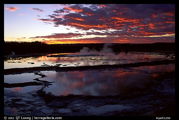 Great Fountain geyser and colorful clouds at sunset. Yellowstone National Park, Wyoming, USA.