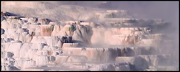 Travertine terraces and steam. Yellowstone National Park, Wyoming, USA.