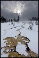 Colorful thermal stream and dark clouds, winter. Yellowstone National Park, Wyoming, USA. (color)