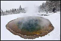 Hiker at Morning Glory Pool, winter. Yellowstone National Park, Wyoming, USA. (color)