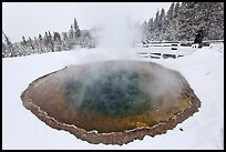 Hiker at Morning Glory Pool, winter. Yellowstone National Park, Wyoming, USA.